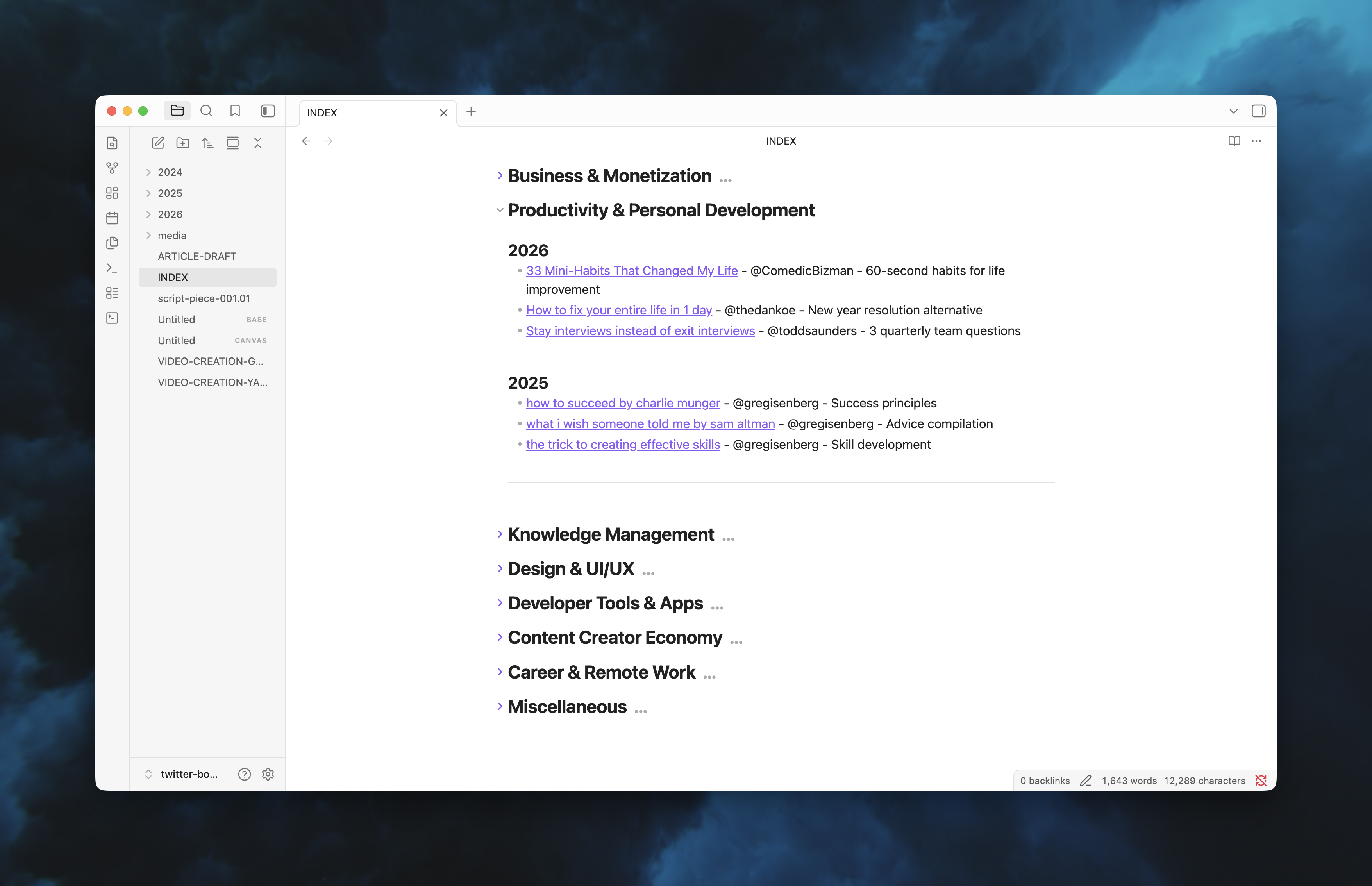 Obsidian valut index by topic and year